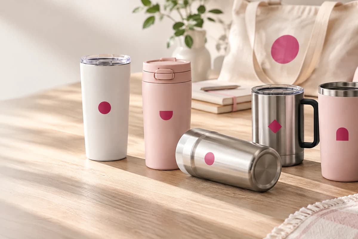 Bedrukte drinkflessen, mokken en een katoenen tas naast elkaar op een houten tafel, elk met hetzelfde logo